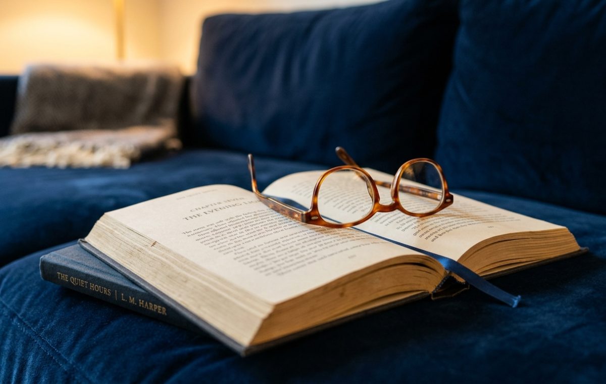 An open book with reading glasses resting on a blue velvet sofa for a cozy reading nook setup