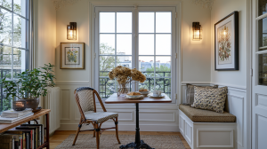 A cozy small dining nook featuring a built-in banquette, bistro table, and French windows.