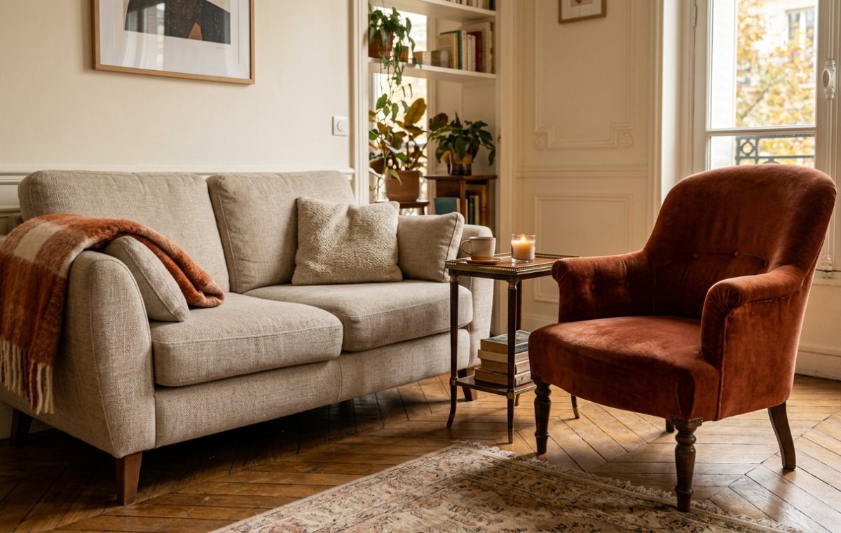 A warm neutral living room featuring a beige sofa, terracotta armchair, and herringbone floors.