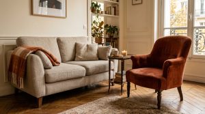 A warm neutral living room featuring a beige sofa, terracotta armchair, and herringbone floors.