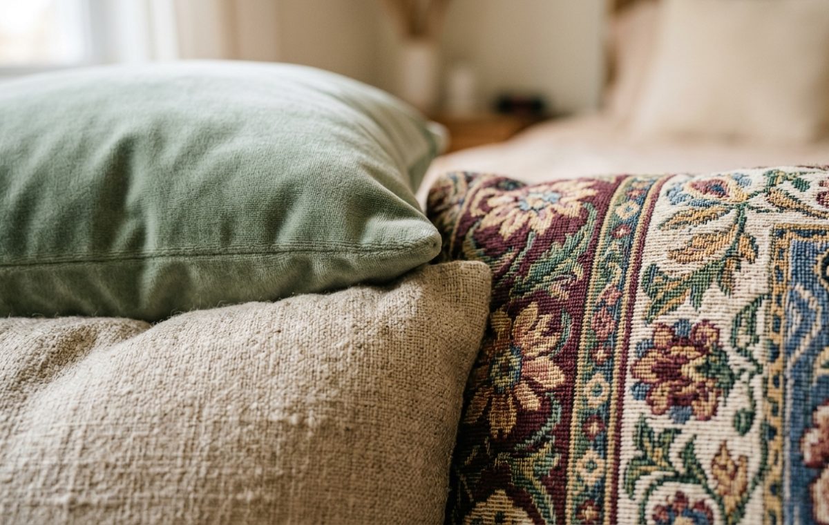 Close-up of decorative throw pillows featuring sage velvet, linen, and floral tapestry designs on a bed.
