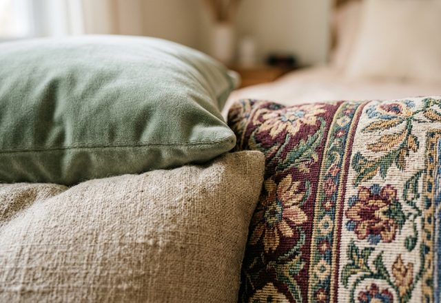 Close-up of decorative throw pillows featuring sage velvet, linen, and floral tapestry designs on a bed.