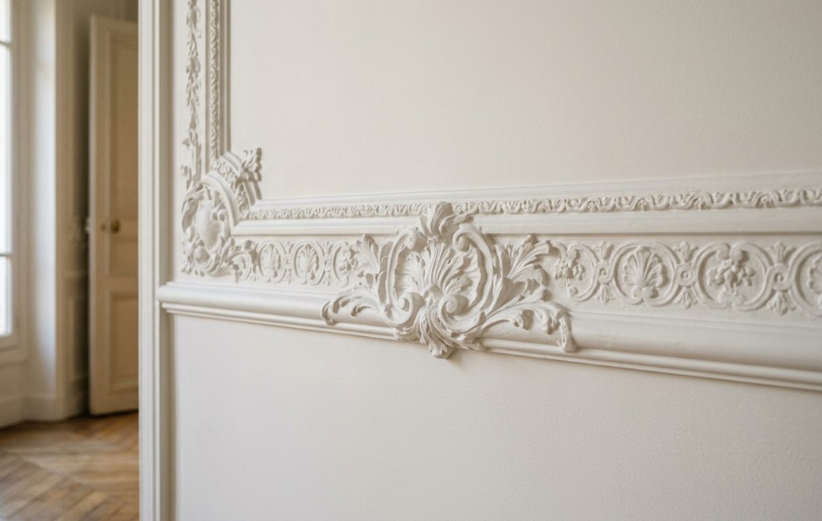 Close up of ornate white wall moldings and classical relief trim in a bright historic interior.
