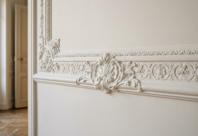 Close up of ornate white wall moldings and classical relief trim in a bright historic interior.