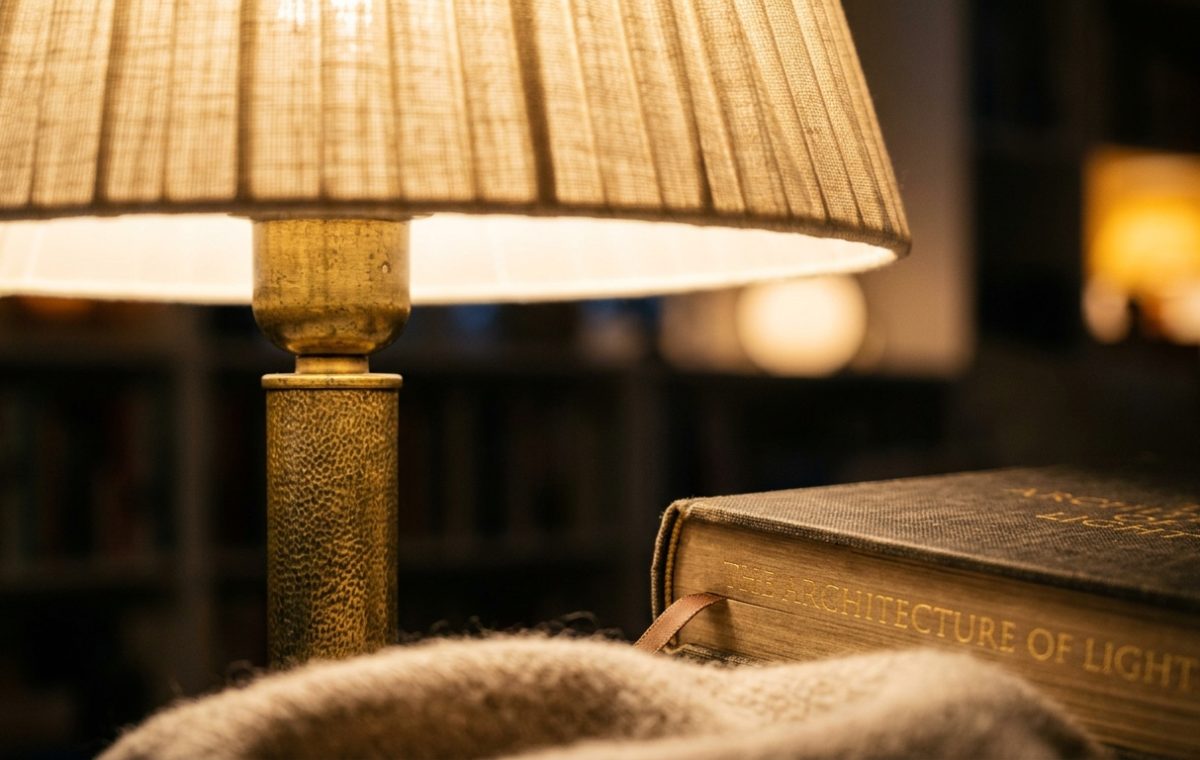 Warm reading room lighting cast by a brass lamp next to a hardcover book