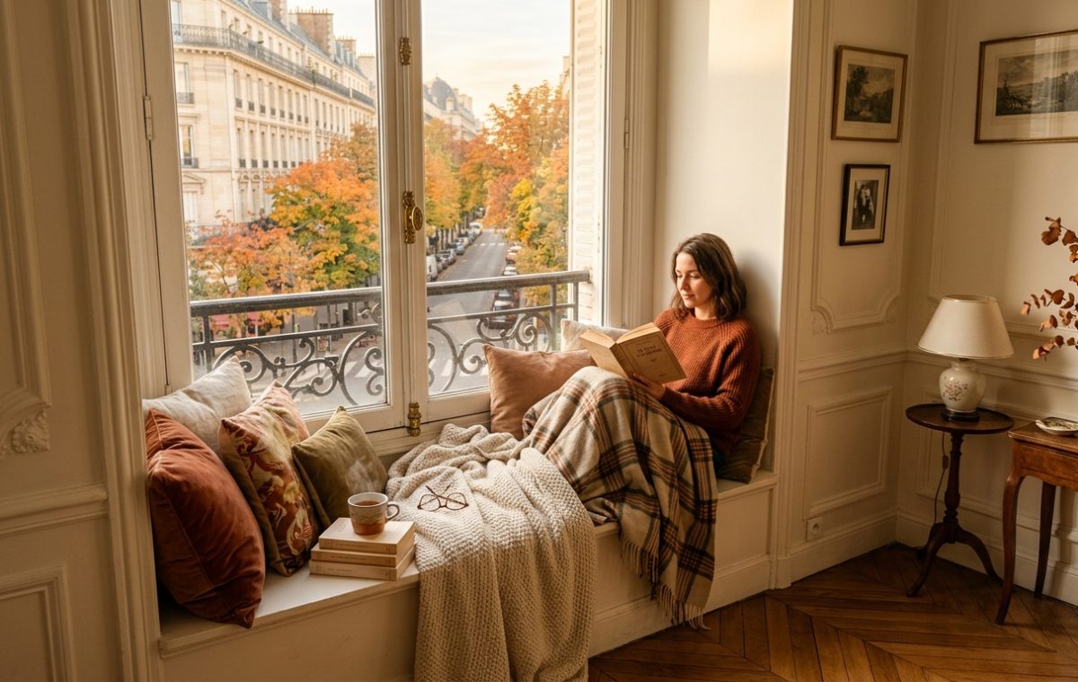 Cozy woman reading a book on a bay window seat nook overlooking an autumn street.