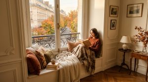 Cozy woman reading a book on a bay window seat nook overlooking an autumn street.