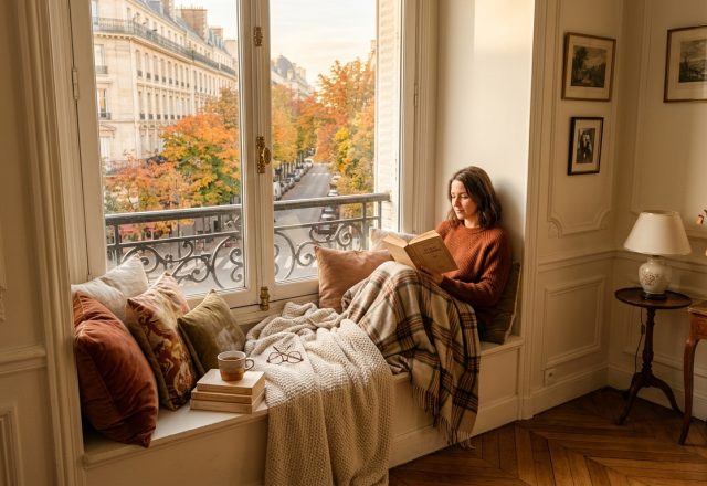 Cozy woman reading a book on a bay window seat nook overlooking an autumn street.