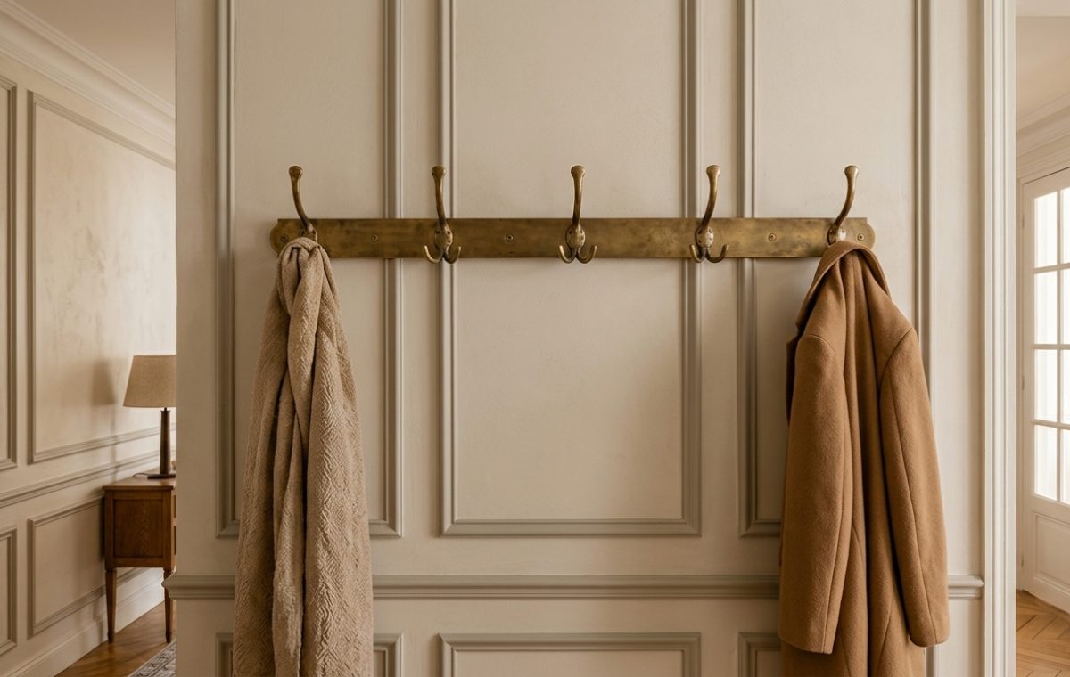 Vintage brass coat rack mounted on classic paneled hallway walls holding a coat and blanket