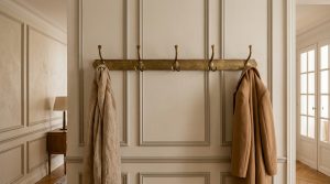 Vintage brass coat rack mounted on classic paneled hallway walls holding a coat and blanket