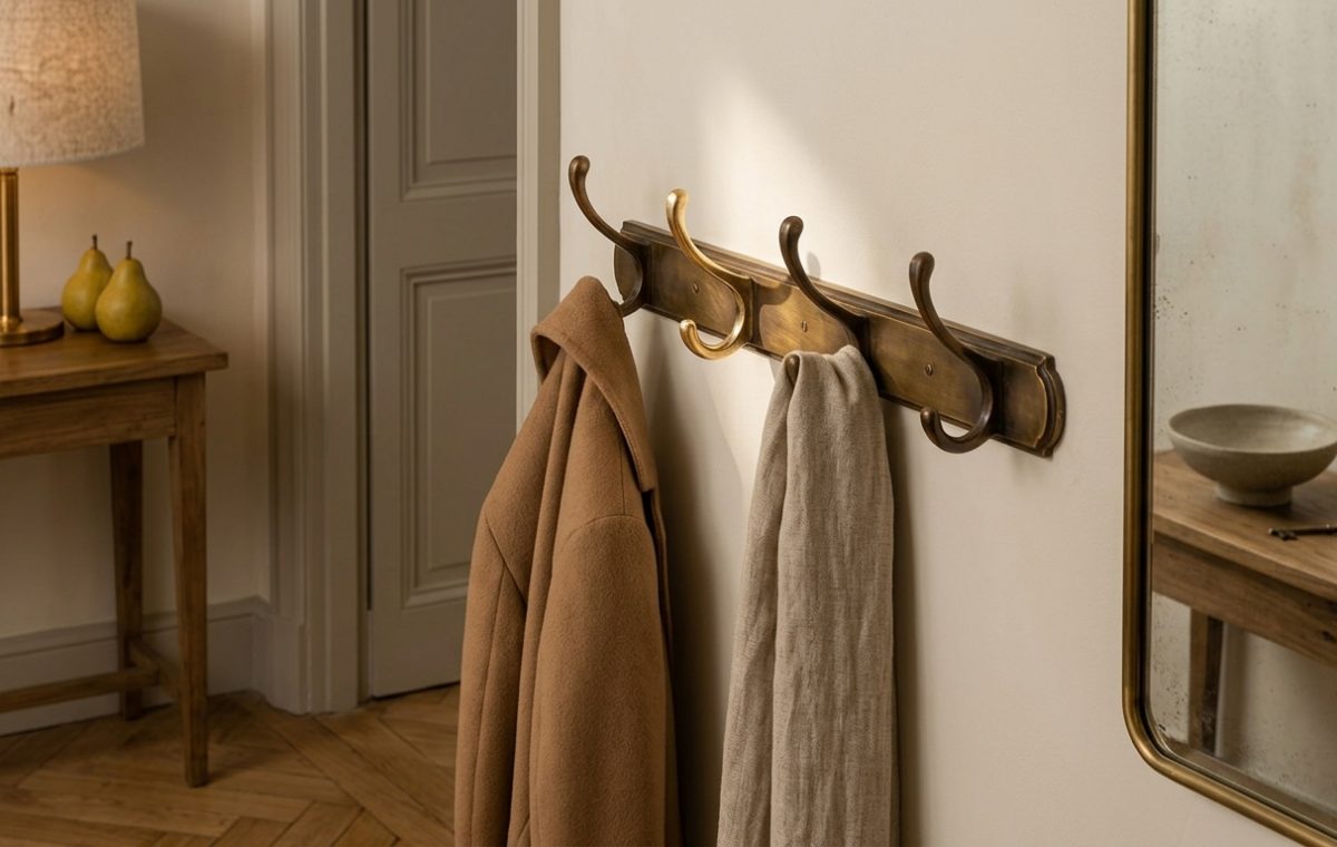 Aged brass coat rack mounted on a neutral wall holding a wool coat and linen scarf in an entryway