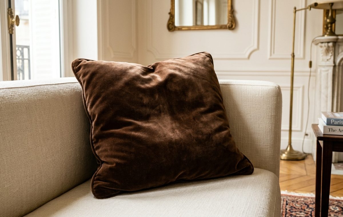 A luxurious brown velvet throw pillow resting on a cream-colored sofa in a bright living room.