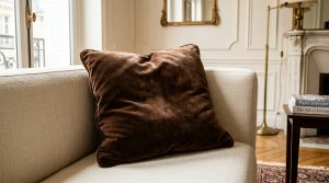 A luxurious brown velvet throw pillow resting on a cream-colored sofa in a bright living room.