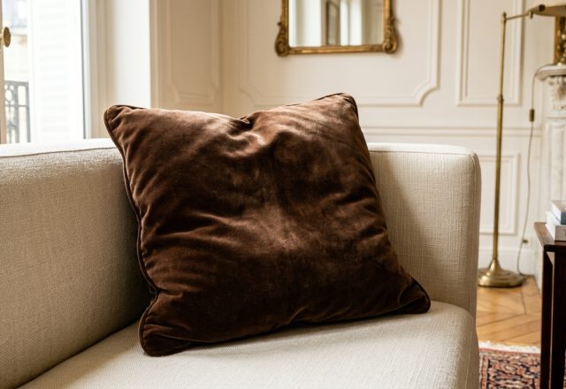 A luxurious brown velvet throw pillow resting on a cream-colored sofa in a bright living room.