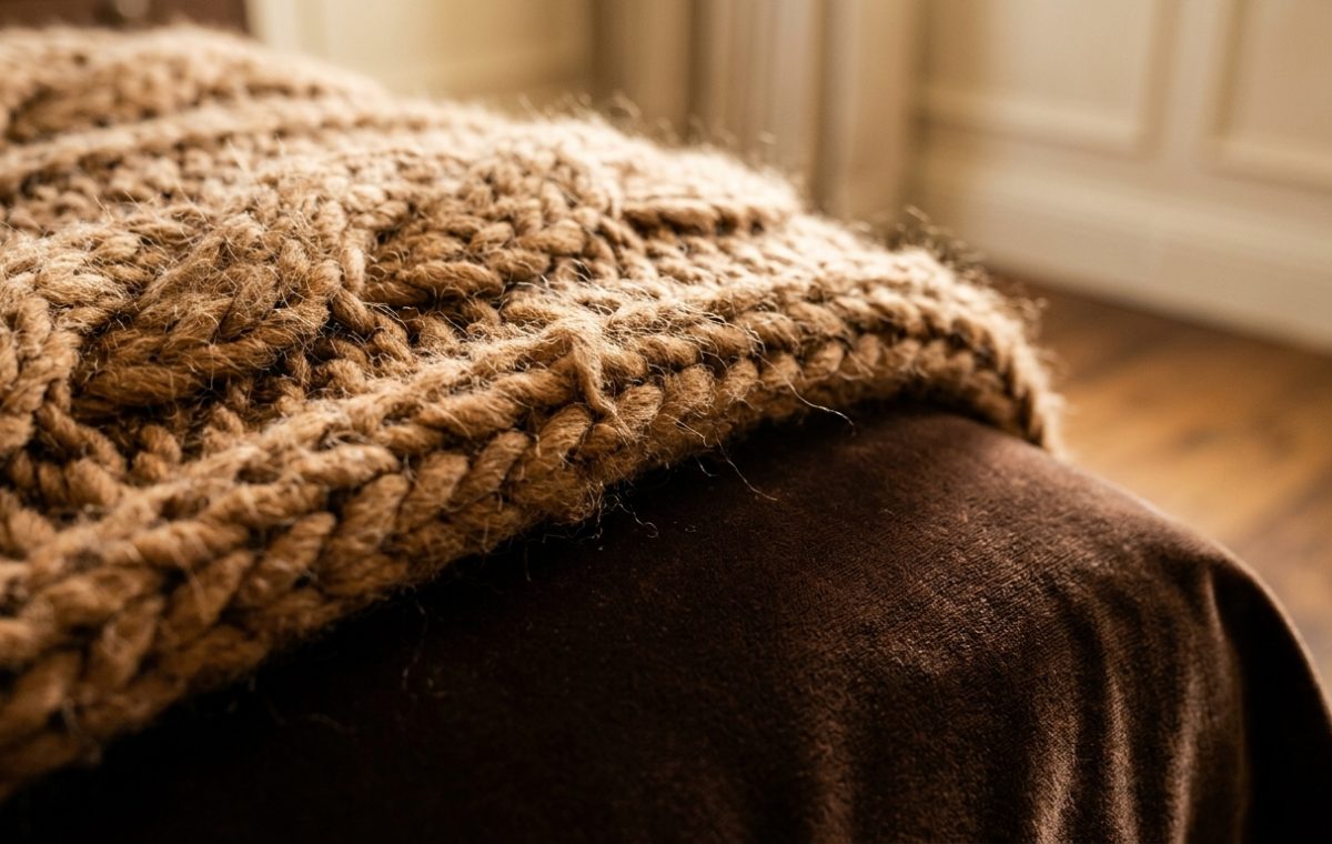 Close-up of a chunky knit blanket layered over brown velvet bedding in a cozy bedroom