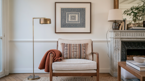 A cozy fireplace seating area featuring a neutral armchair, brass floor lamp, and textured wool blanket against a white wall.