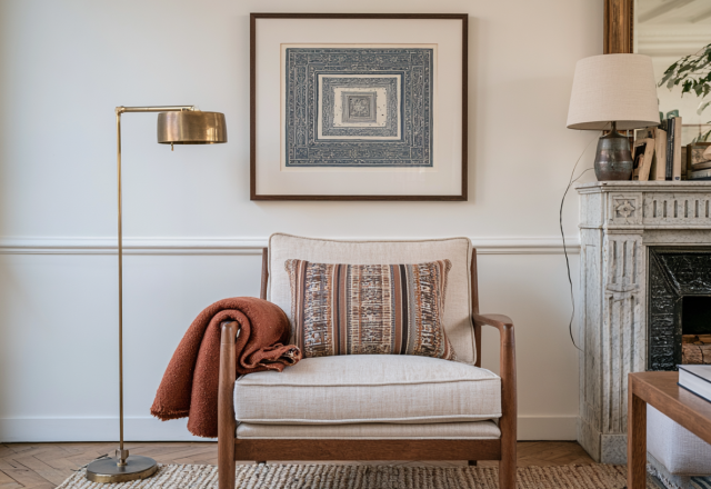 A cozy fireplace seating area featuring a neutral armchair, brass floor lamp, and textured wool blanket against a white wall.