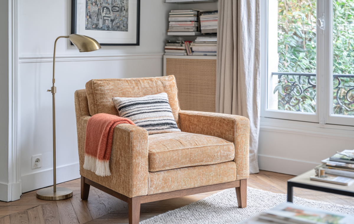 A cozy living room armchair styled with a brass floor lamp and a warm rust blanket