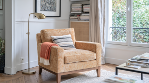A cozy living room armchair styled with a brass floor lamp and a warm rust blanket