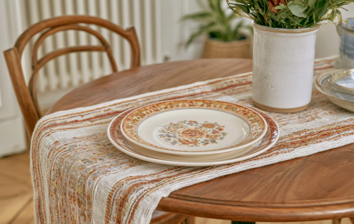 Woven dining table runner styled with ceramic plates and a vase of flowers on a wooden table