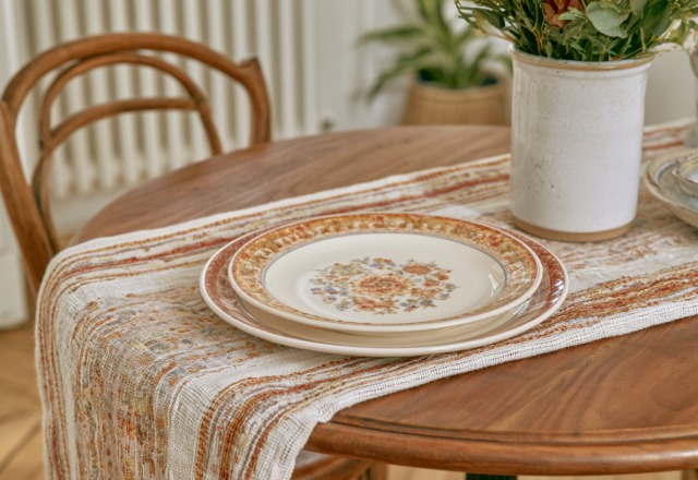 Woven dining table runner styled with ceramic plates and a vase of flowers on a wooden table