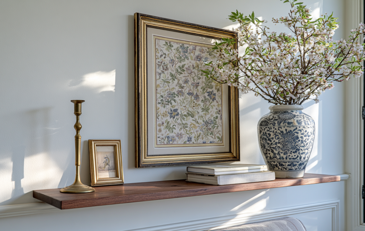 A floating wood shelf styled with framed art, books, a brass candlestick, and a vase of blossoming branches.
