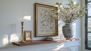 A floating wood shelf styled with framed art, books, a brass candlestick, and a vase of blossoming branches.