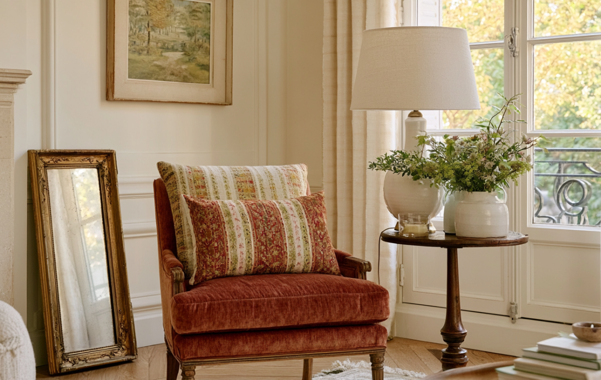A cozy French Country armchair styled with striped pillows beside a rustic wooden side table and a leaning antique mirror in a sunlit living room.