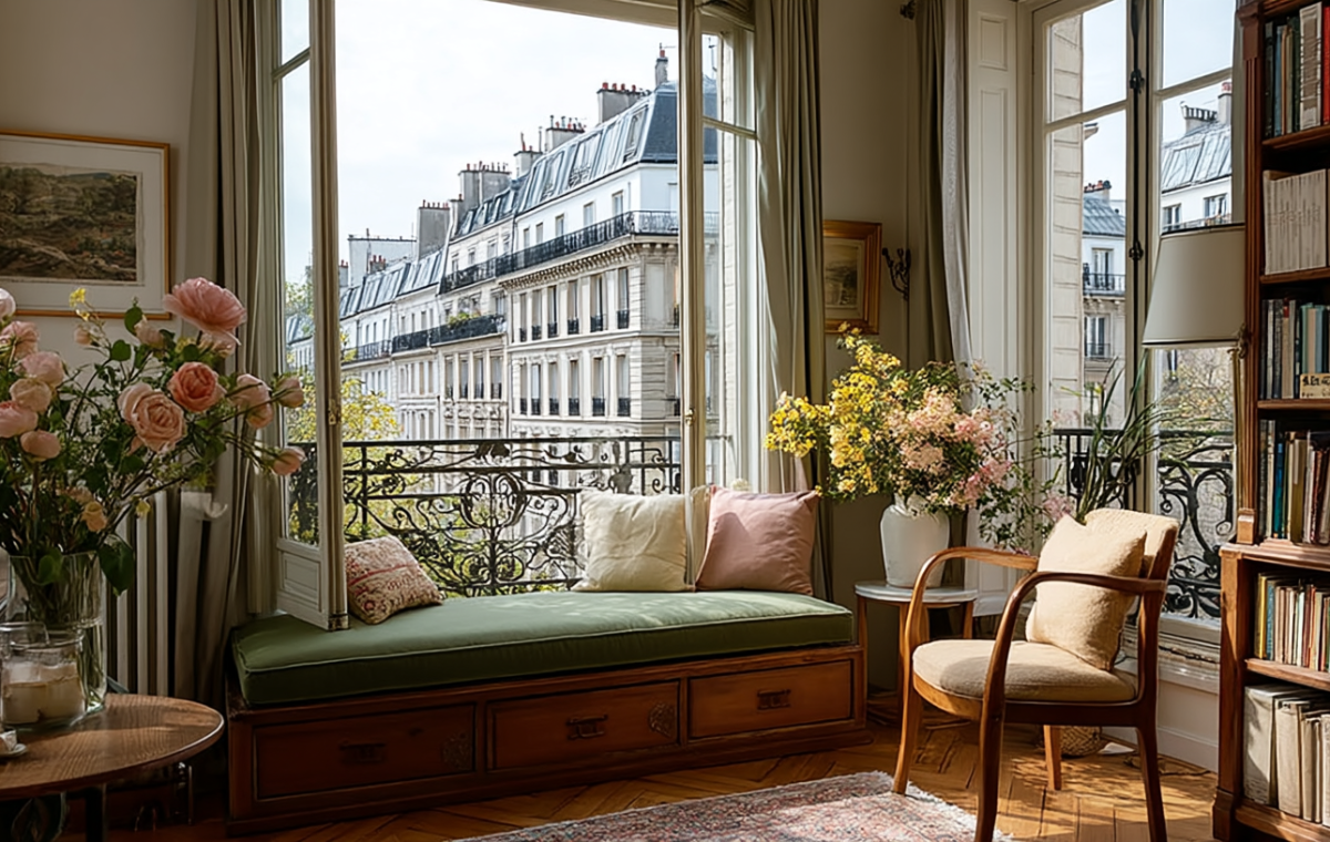 A cozy window seat bench with green cushions and storage drawers in a bright classic living room.
