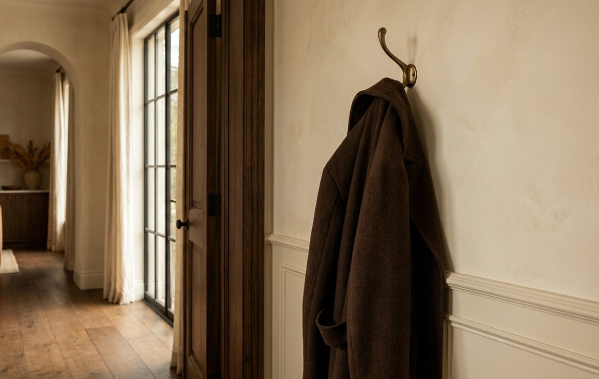 A minimalist brass hallway coat hook holding a dark coat against a neutral wall in a transitional home entrance.