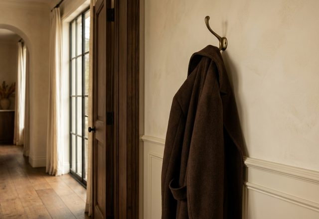 A minimalist brass hallway coat hook holding a dark coat against a neutral wall in a transitional home entrance.