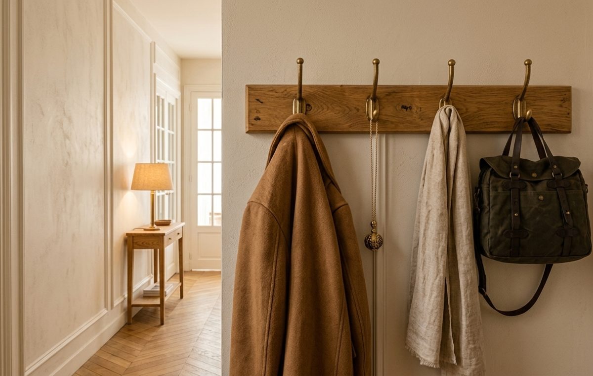 A rustic wooden hallway coat rack mounted on a white wall holding a coat, scarf, and canvas bag near a lit console table in a bright apartment corridor.