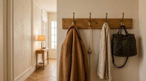 A rustic wooden hallway coat rack mounted on a white wall holding a coat, scarf, and canvas bag near a lit console table in a bright apartment corridor.