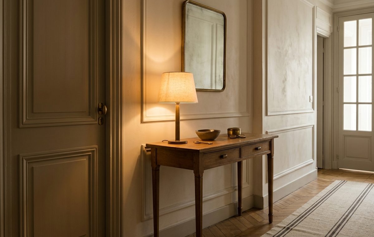 A stylish hallway console table with a brass lamp, mirror, and runner rug in a classic Parisian apartment interior.