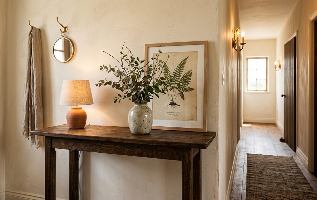 A rustic wood hallway console table styled with a lamp, vase, and botanical print.