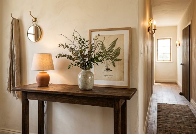 A rustic wood hallway console table styled with a lamp, vase, and botanical print.