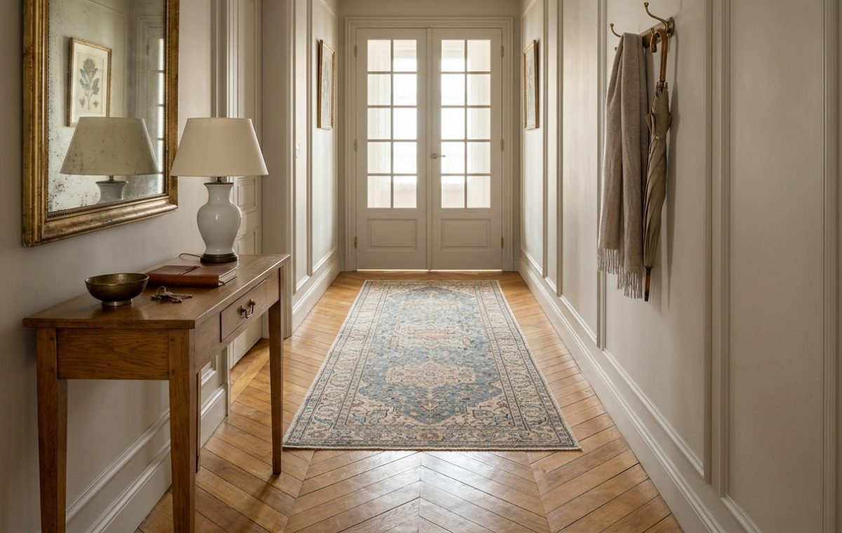 Elegant hallway runner rug on chevron wooden flooring with a console table and panel molding.
