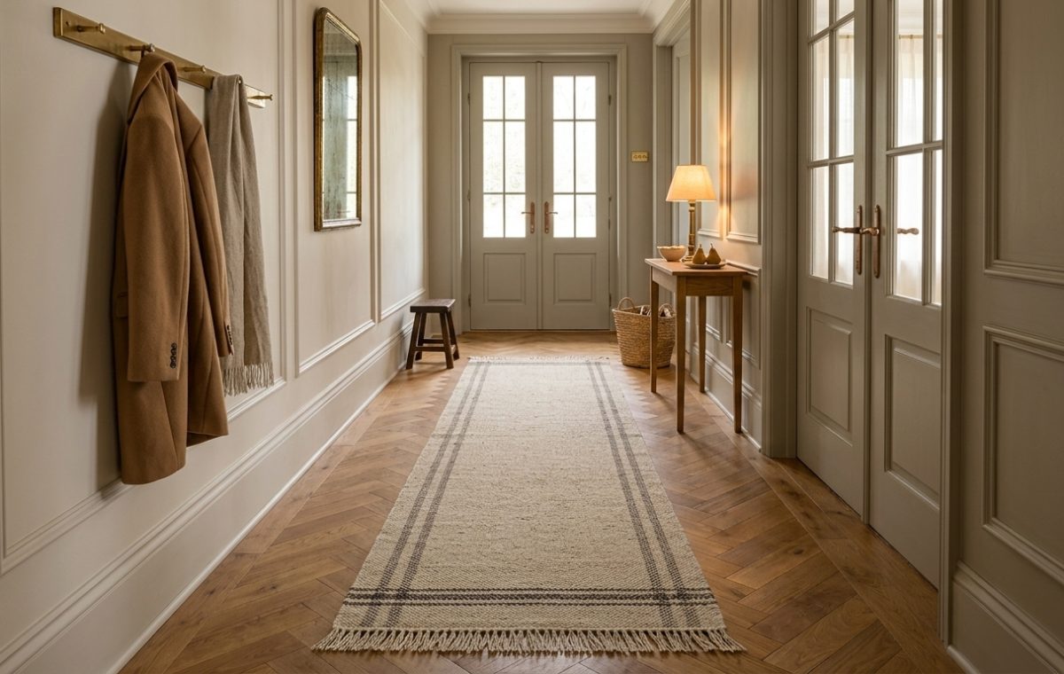 A stylish hallway runner rug on herringbone wood flooring in a bright neutral entryway.