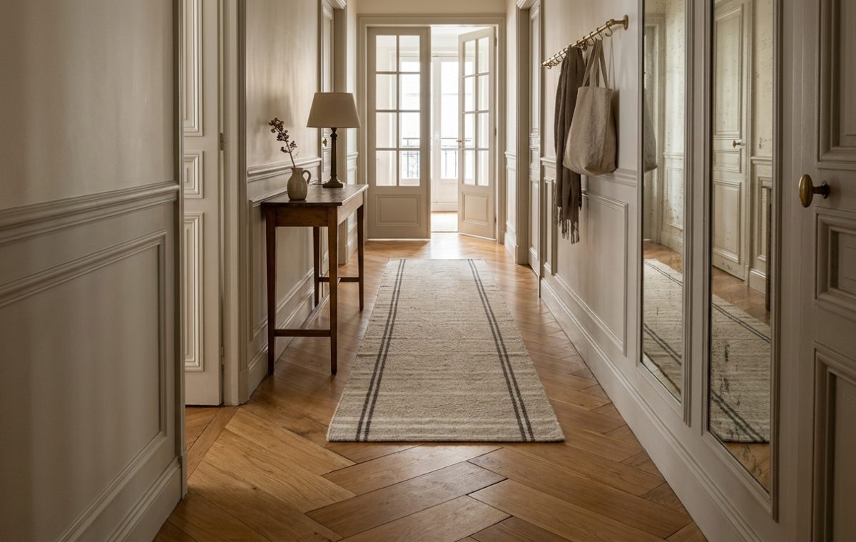 A long hallway runner rug with subtle stripes on wooden herringbone floors inside a classic paneled corridor.