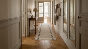 A long hallway runner rug with subtle stripes on wooden herringbone floors inside a classic paneled corridor.