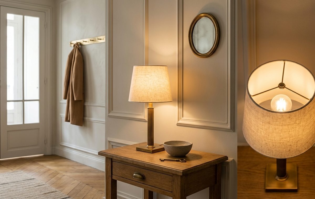 A warm hallway table lamp with a linen shade sits on a wooden console table next to a brass wall hook and mirror.