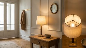 A warm hallway table lamp with a linen shade sits on a wooden console table next to a brass wall hook and mirror.