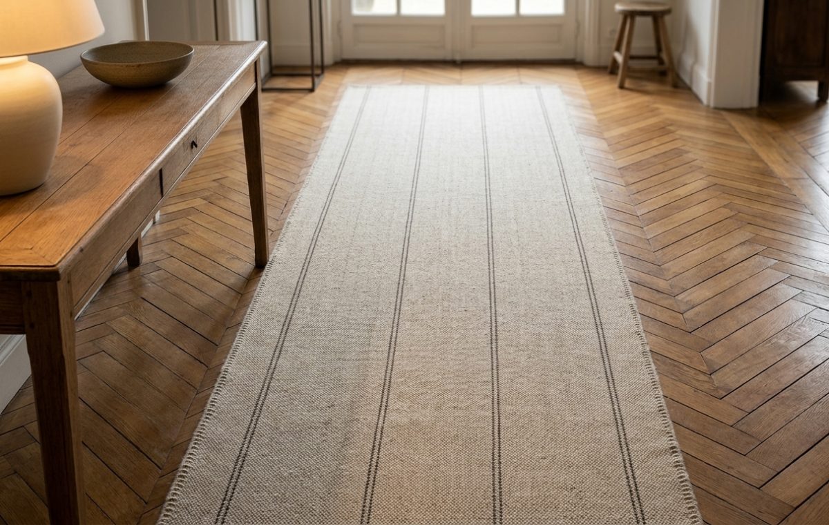 A neutral herringbone hallway rug on a chevron wood floor next to a wooden console table.