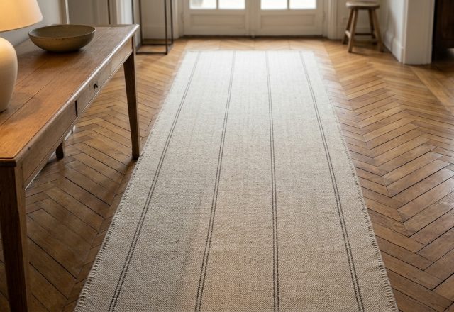 A neutral herringbone hallway rug on a chevron wood floor next to a wooden console table.