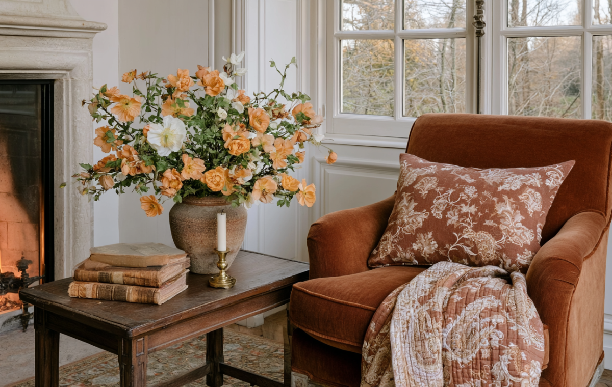 Cozy fireplace seating area featuring a rust velvet armchair, antique wooden table, and fresh autumn floral arrangement.