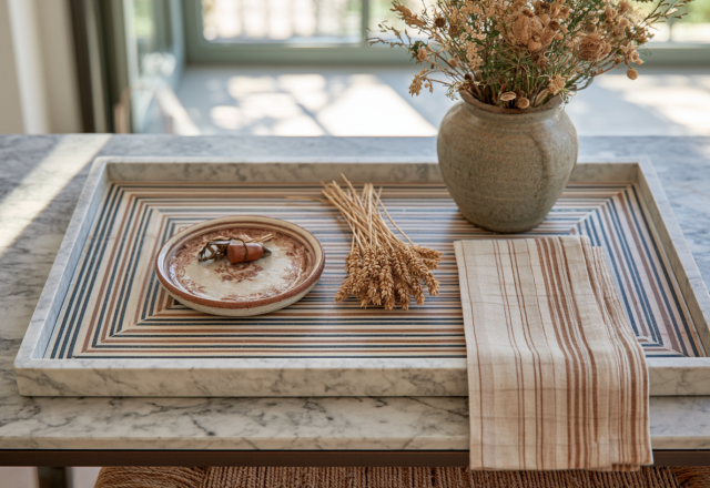A stylish marble coffee table tray featuring a ceramic vase, dried wheat, and a small decorative dish.
