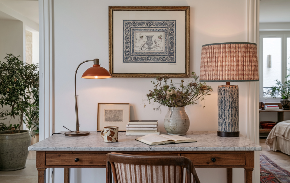 A styled marble top desk featuring a wooden writing chair, lamps, framed art, and a vase of dried flowers.