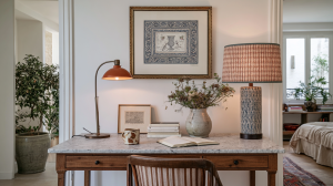 A styled marble top desk featuring a wooden writing chair, lamps, framed art, and a vase of dried flowers.