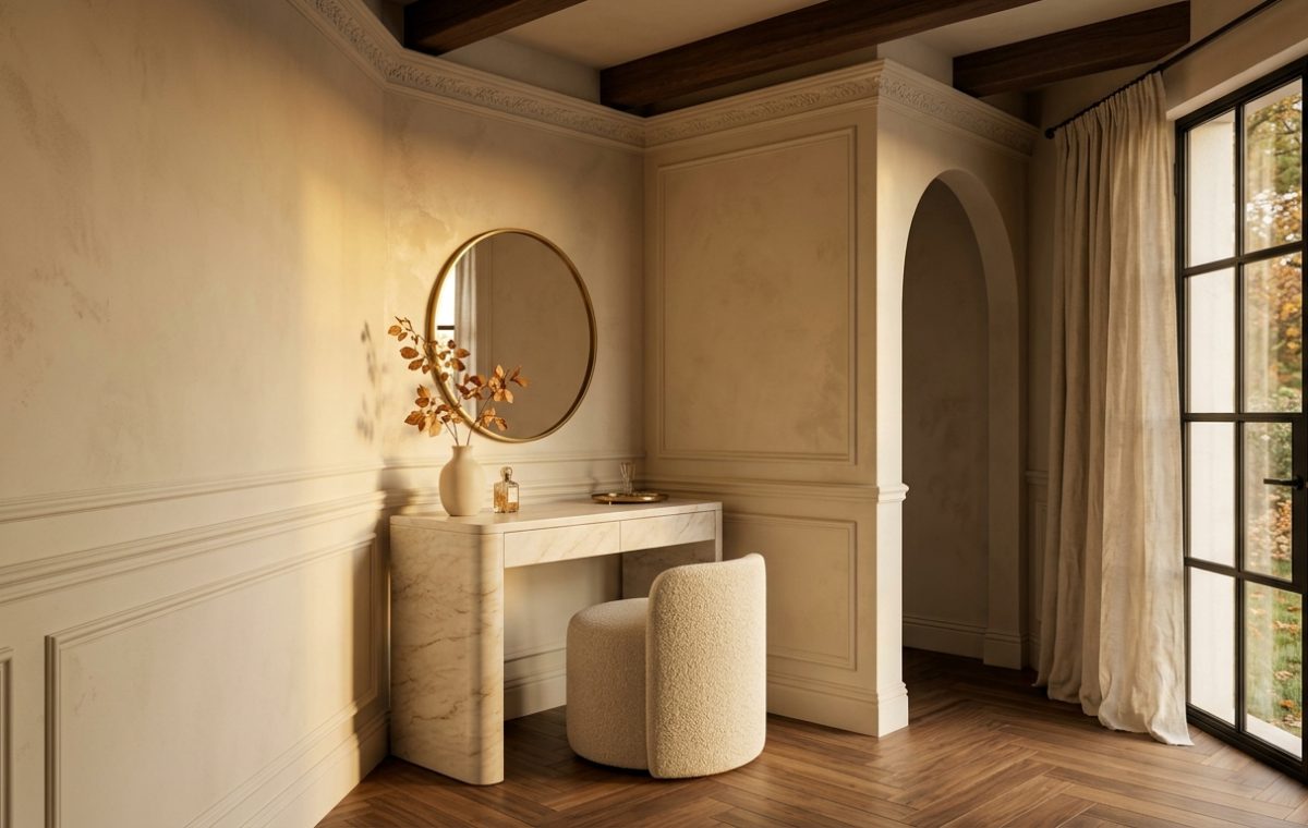 A sophisticated vanity table setup featuring a curved marble desk, boucle stool, and round brass mirror in a neutral room.