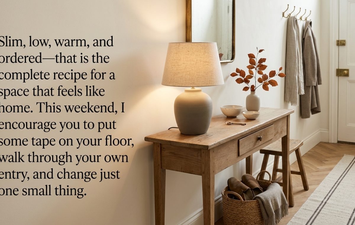 A slim narrow entryway console table styled with a ceramic lamp and dried branches in a warm hallway